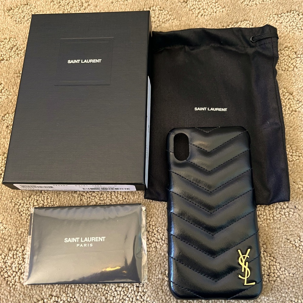Saint Laurent Black Leather iPhone Case with Gold YSL